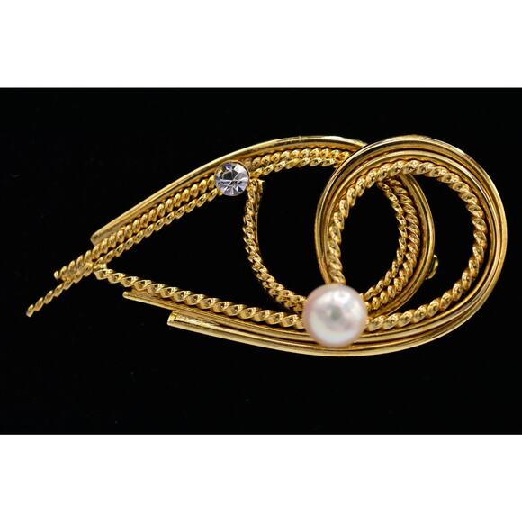 Vintage Pin Brooch Gold Rhinestone White Pearl Abstract 1980s 9B - Picture 1 of 12